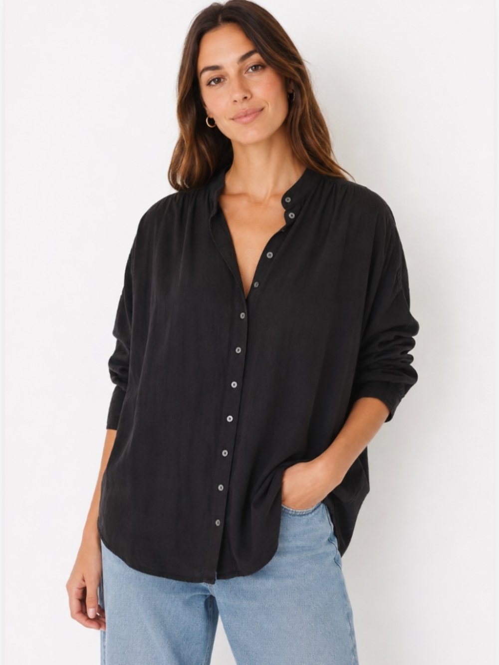 Xirena Quiet Luxury Button Down Long Sleeve Oversized Blouse Black Size XS